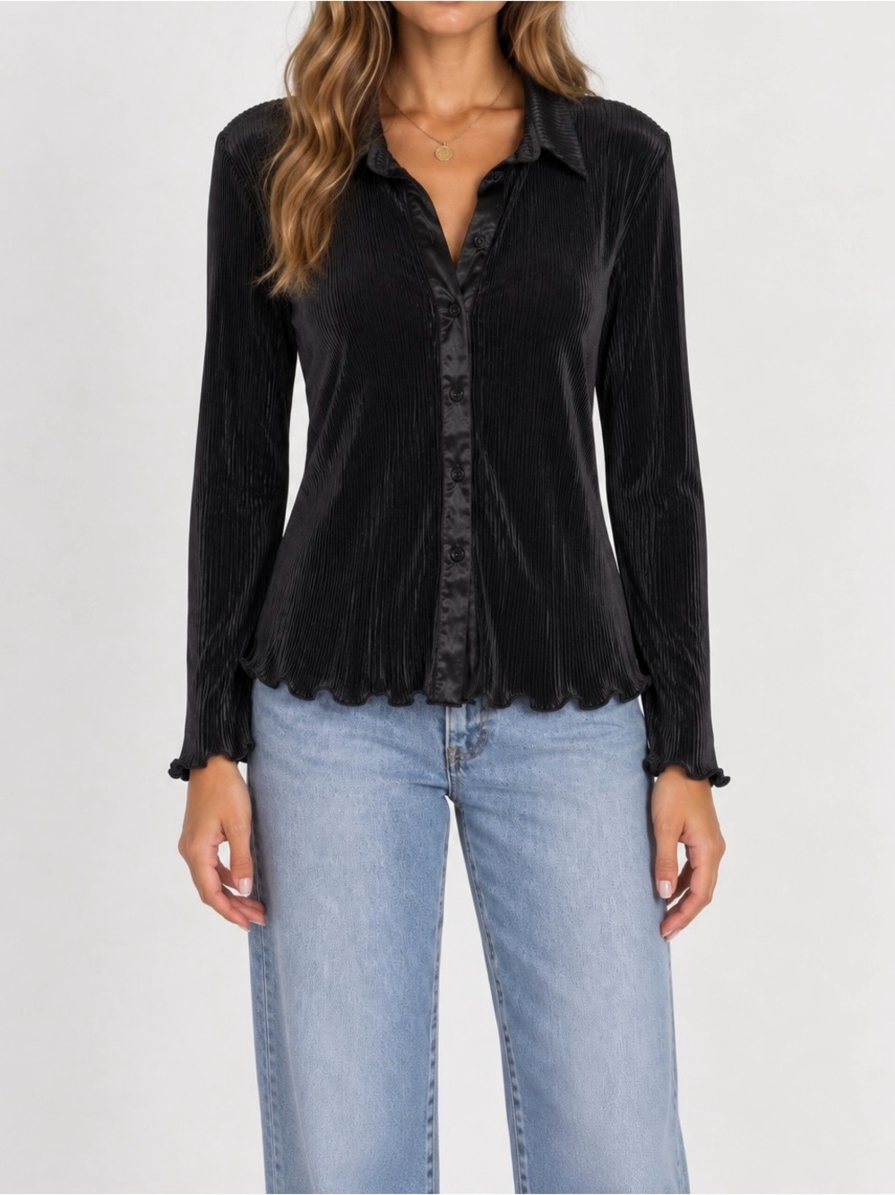 Better Be Black Pleated Satin-Trim Button Down Shirt